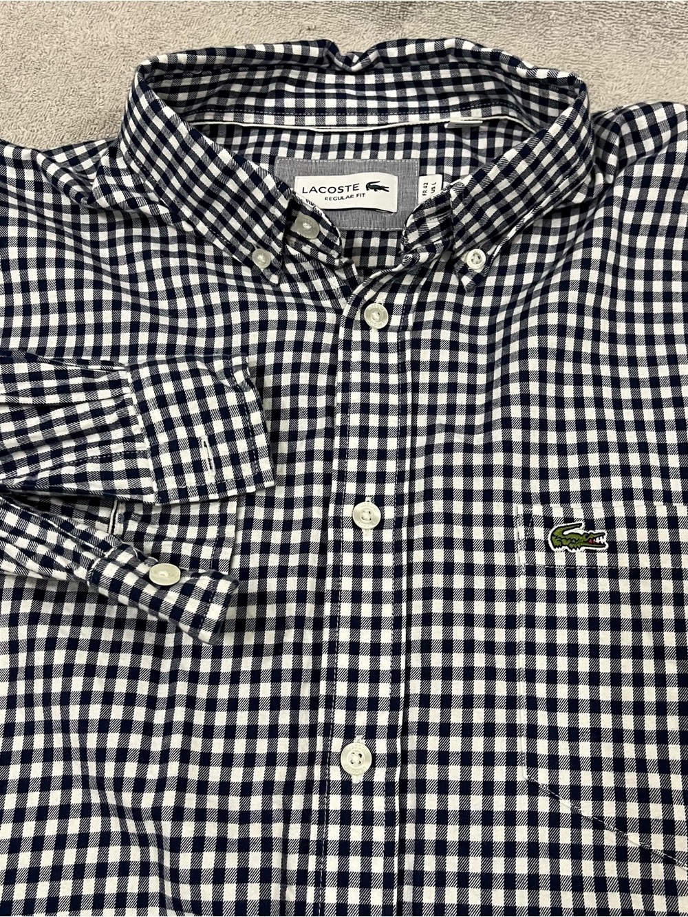 Lacoste Button Down Shirt Men Large Navy Blue Gingham Check Regular Fit Preppy